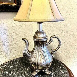 ALEXANDRA'S ACCENTS Decorative Silver Teapot Lamp Resin Art Sculpture